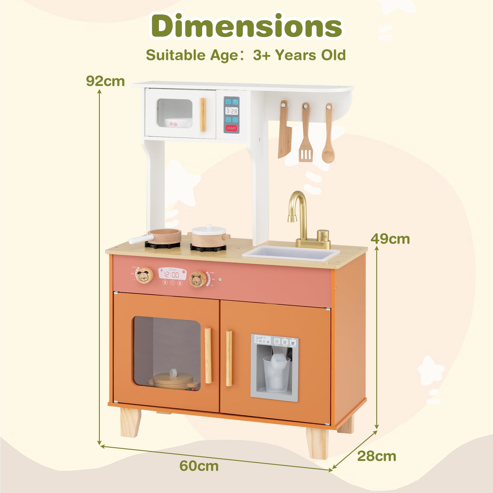 Wooden Play Kitchen with Cookware Accessories for Ages 3-6-Orange