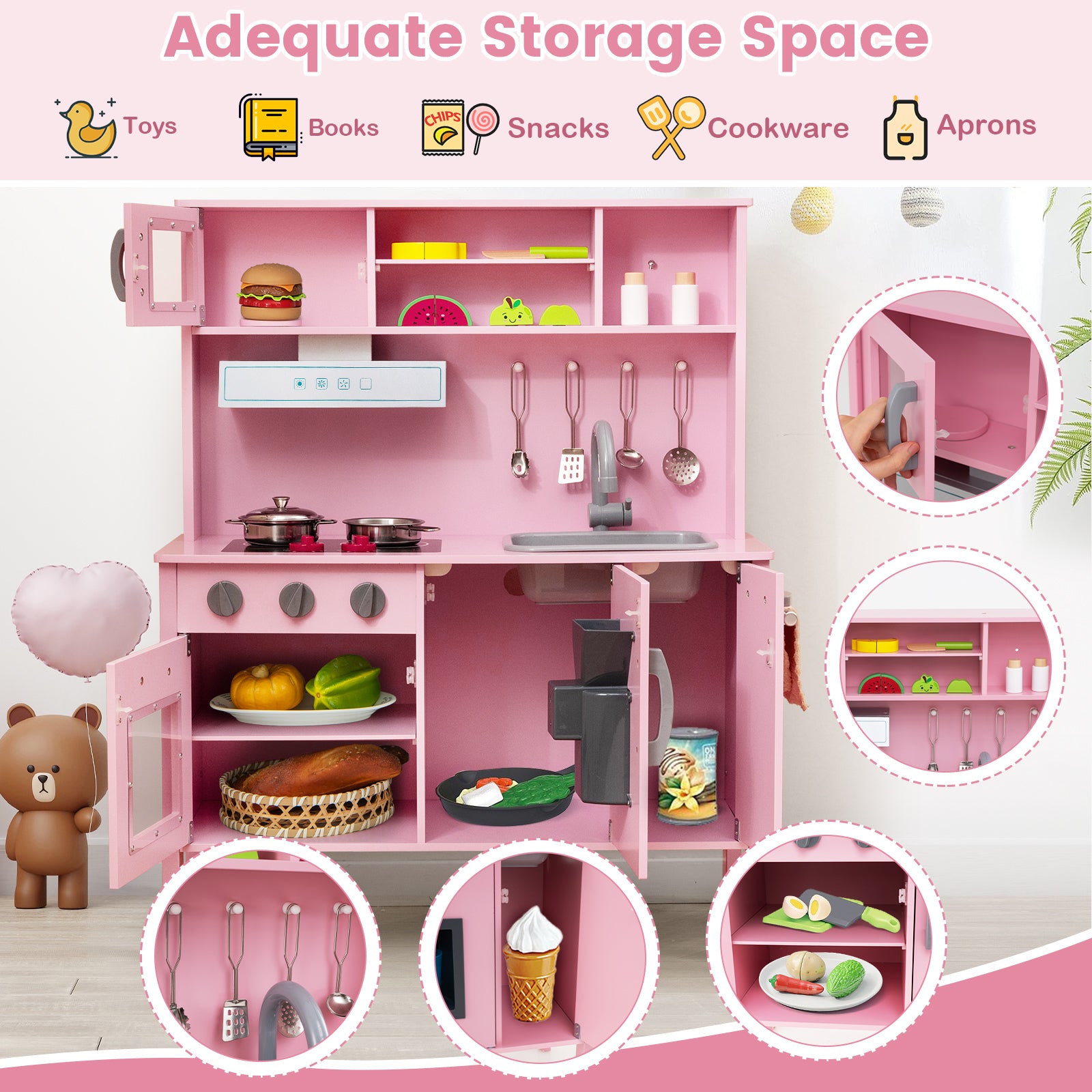 Wooden Kids Play Kitchen Set with Microwave Stoves Oven-Pink
