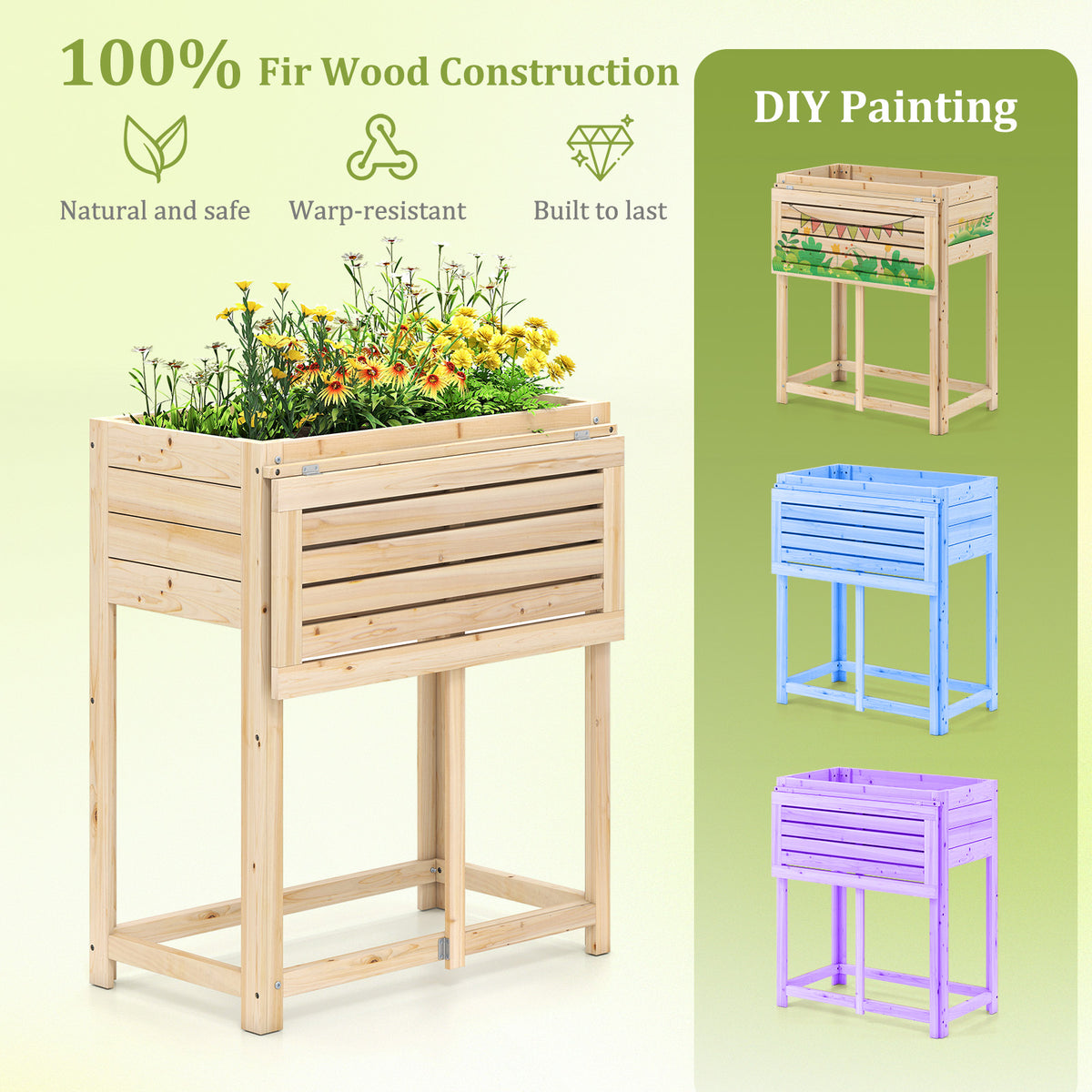 63 x 34 x 74 cm Wooden Raised Garden Bed with Legs and Foldable Side Table
