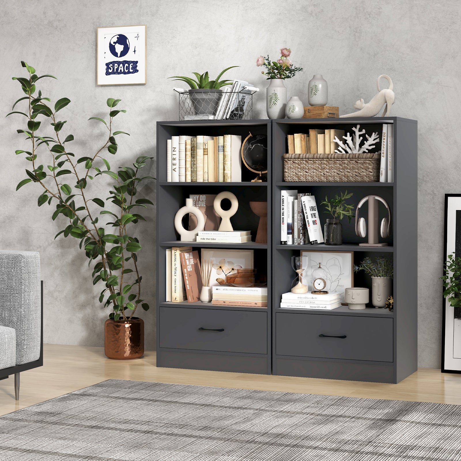 Wooden Storage Bookshelf Cabinet with 3-Tier Open Shelves and Drawer-Grey
