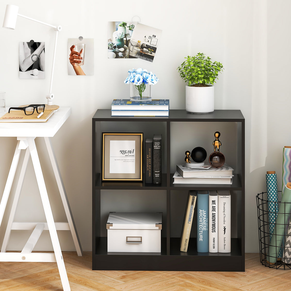 4-cube Wooden Storage Cabinet with Anti-Toppling Device -Black