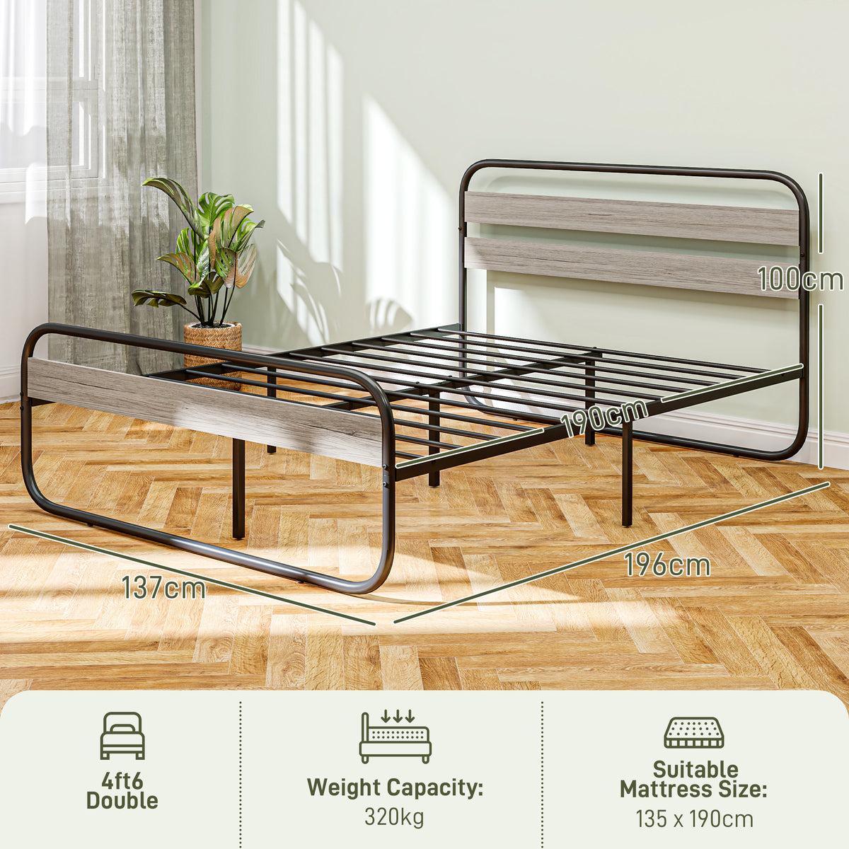 HOMCOM 4ft6 Double Bed Frame, Industrial Style Metal Platform Bed Frame with Under Bed Storage, No Box Spring Needed, Easy Assembly, Grey