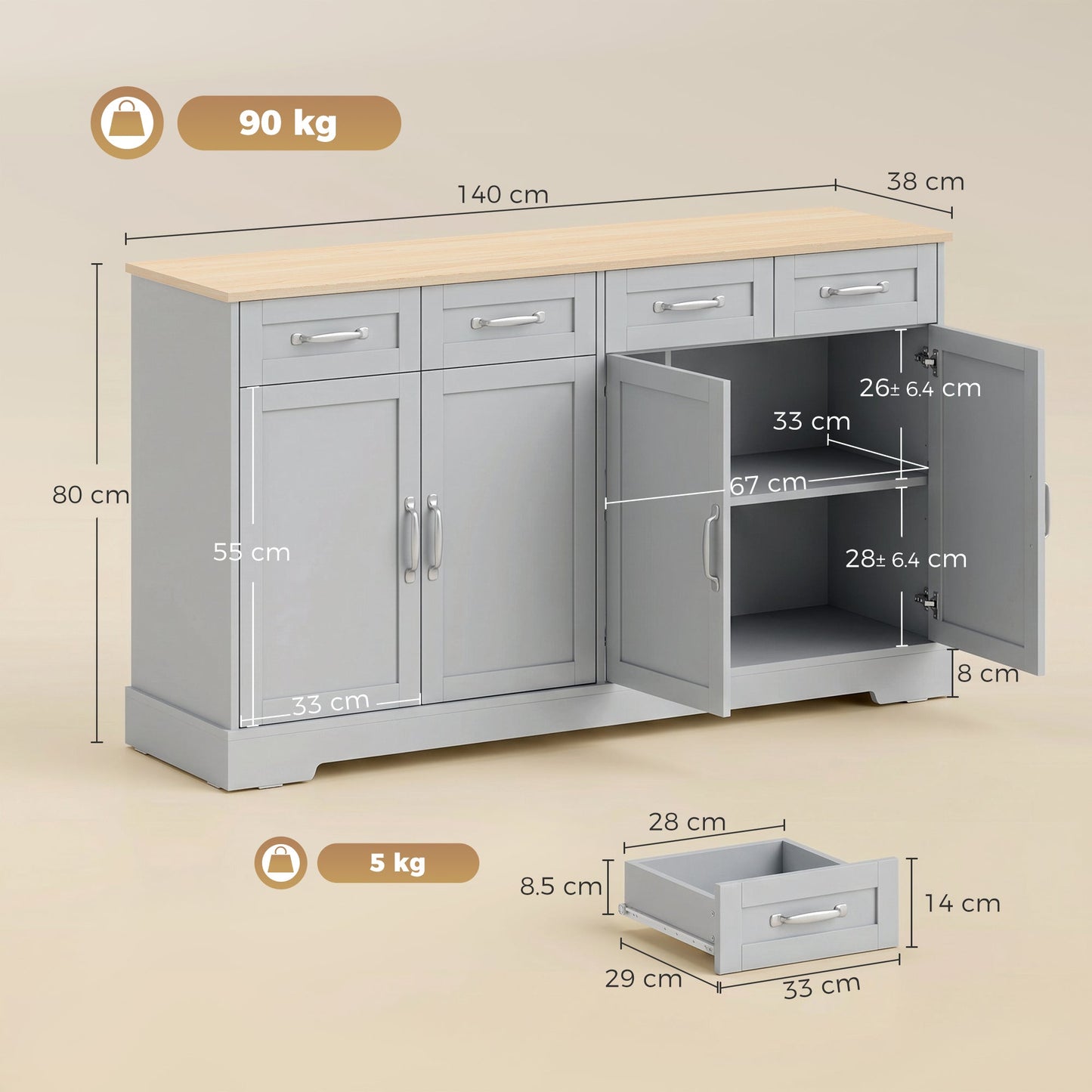 HOMCOM Sideboard Buffet Cabinet, 140 cm Kitchen Storage Cabinet with 4 Drawers, 4 Doors and 2 Adjustable Shelves, Grey