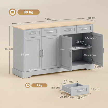 HOMCOM Sideboard Buffet Cabinet, 140 cm Kitchen Storage Cabinet with 4 Drawers, 4 Doors and 2 Adjustable Shelves, Grey