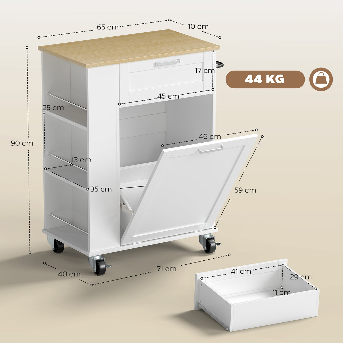 HOMCOM Kitchen Storage Trolley on Wheels in White