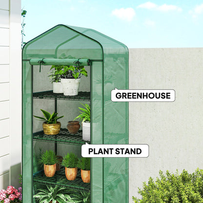 Outsunny 4 Tier Mini Portable Greenhouse Compact Plant Grow Shed Metal Frame PE Cover with Lockable Rolling Wheels , Green