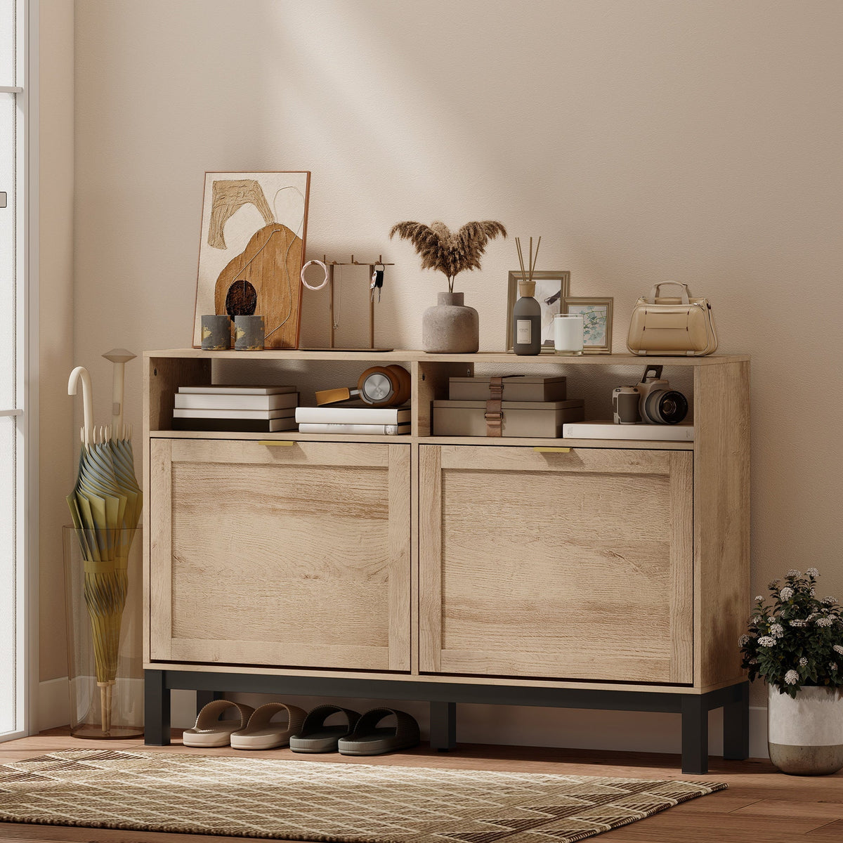 HOMCOM Shoe Cabinet with 2 Flip Drawers, Narrow Shoe Storage Top for Entryway Hallway, Walnut Brown