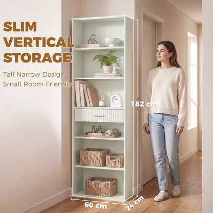 HOMCOM Bookcase Narrow Tall Space-Saving Bookshelf Drawer Open Shelves in Light Green