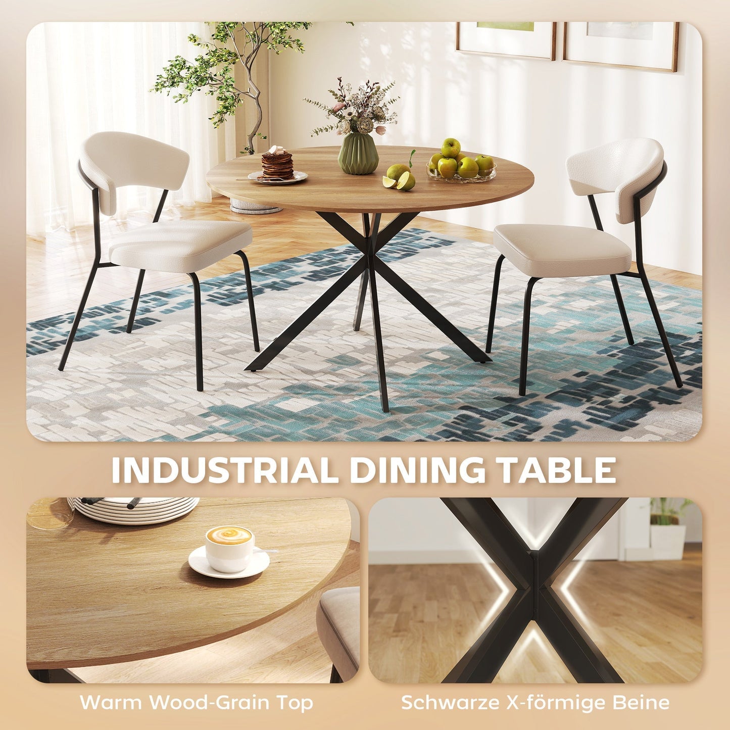 HOMCOM Dining Table for 4, 120 cm Industrial Kitchen Table with Wood Effect Tabletop and Steel Legs, Oak
