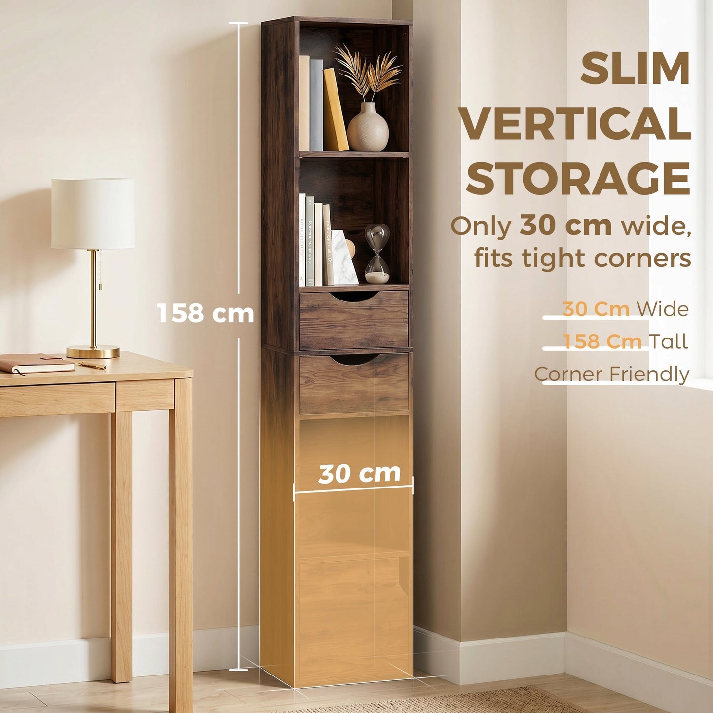 HOMCOM Bookcase with Drawers Adjustable Shelf Bookshelf with 2 Drawers and Cabinet 158 cm Rustic Brown