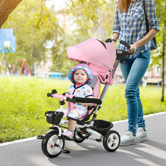 HOMCOM Metal Frame 6 in 1 Baby Push Tricycle with Parent Handle for 1-5 Years Old, Pink