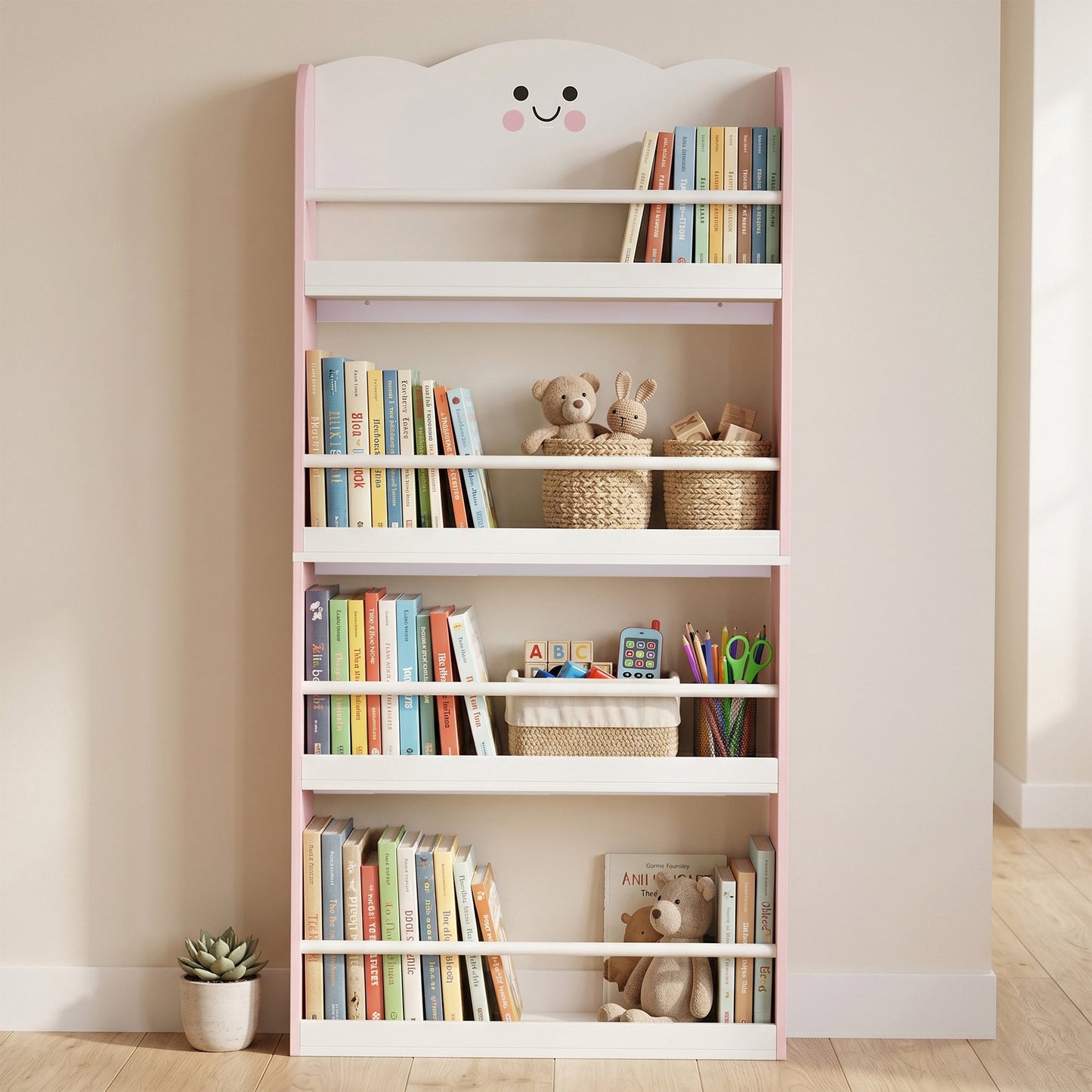 AIYAPLAY 4 Tier Kids Bookshelf, Wall-Mounted Children Bookcase, Toddler Space-Saving Bookcase for Kids Room, Playroom, Pink