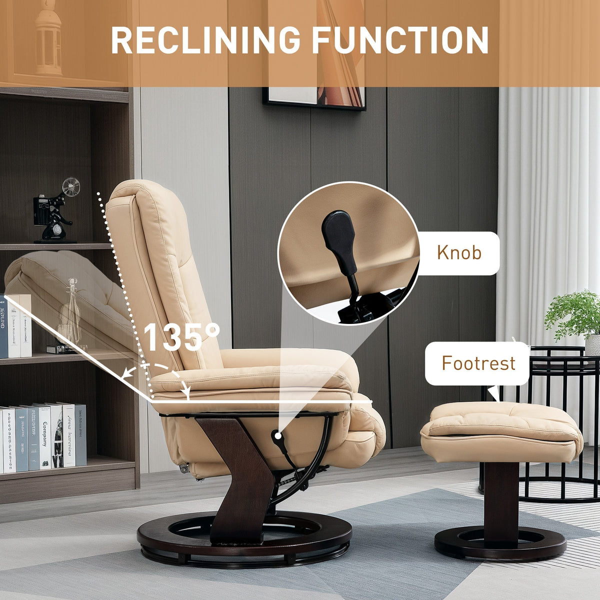 HOMCOM Faux Leather 135 Reclining Chair and Footstool - Beige