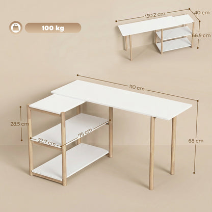 HOMCOM Computer Desk with Storage Shelves Modern Writing Desk Bamboo Frame for Home Office 150 cm White and Oak