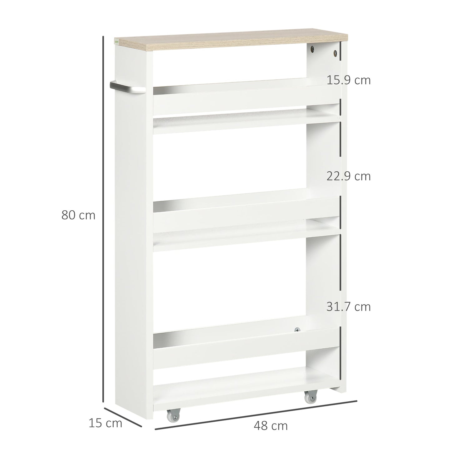kleankin Storage Cart, 4-Tier Compact Storage Trolley on Wheels and Handle, 48W x 15D x 80H cm, White