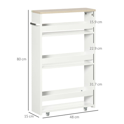 kleankin Storage Cart, 4-Tier Compact Storage Trolley on Wheels and Handle, 48W x 15D x 80H cm, White