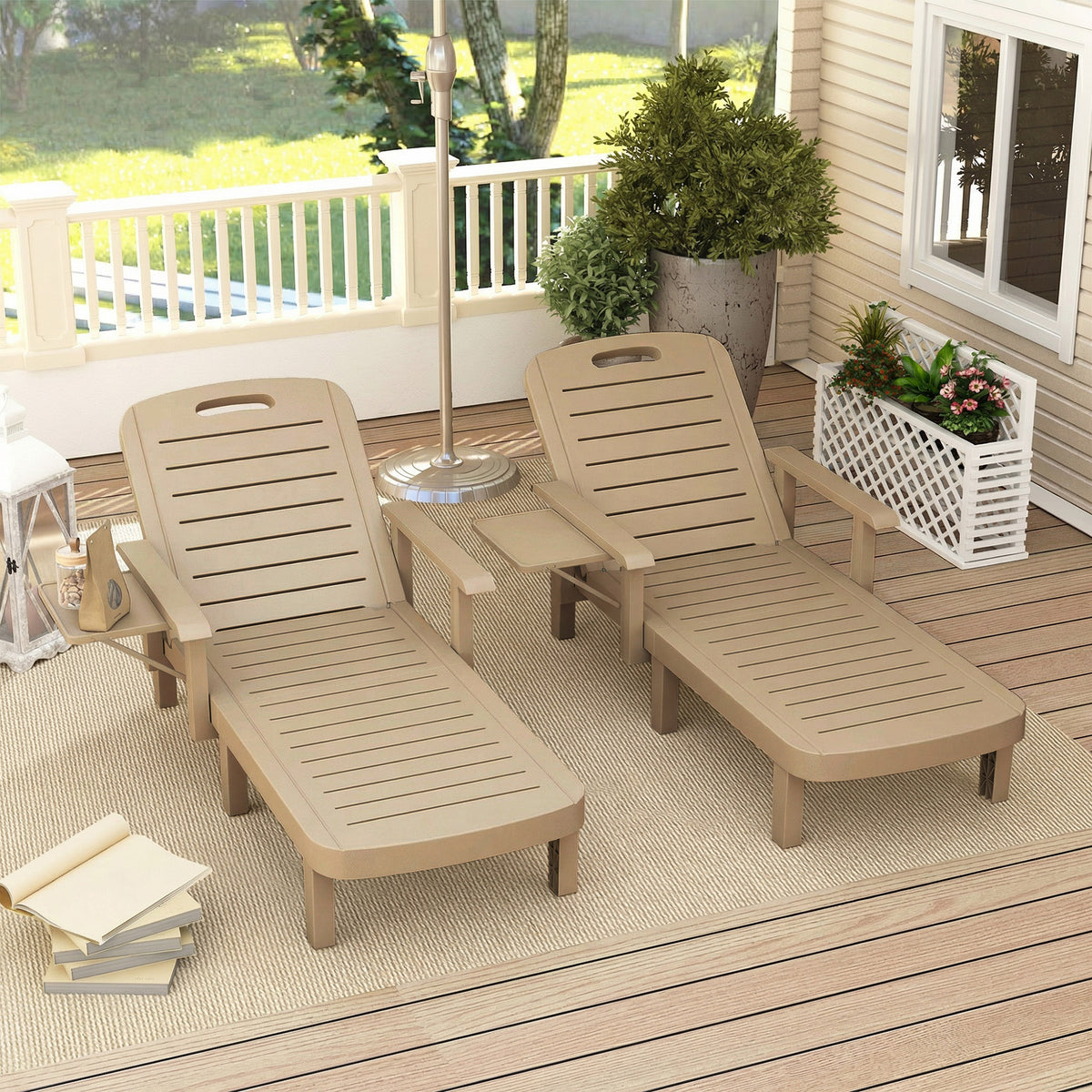 Outsunny Set of 2 Reclining Sun Loungers in Khaki