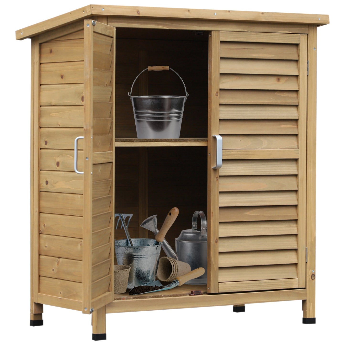Outsunny Garden Shed سقيفة حديقة خشبية لتخزين الأدوات ببابين من خشب التنوب الصلب، خزانة تنظيم أدوات الجراج، 87 طول × 46.5 عرض × 96.5 ارتفاع سم، لون خشبي طبيعي
