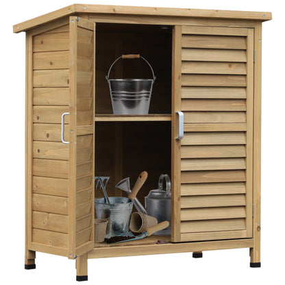 Outsunny Garden Shed سقيفة حديقة خشبية لتخزين الأدوات ببابين من خشب التنوب الصلب، خزانة تنظيم أدوات الجراج، 87 طول × 46.5 عرض × 96.5 ارتفاع سم، لون خشبي طبيعي