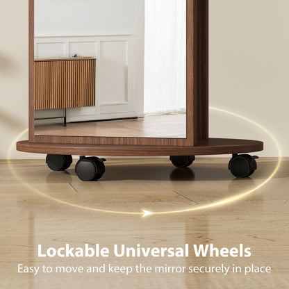 HOMCOM 2-in-1 Full Length Mirror with Storage Shelves, Floor Mirror with 4 Wheels, Coat Rack, Hooks, Brown Wood Effect