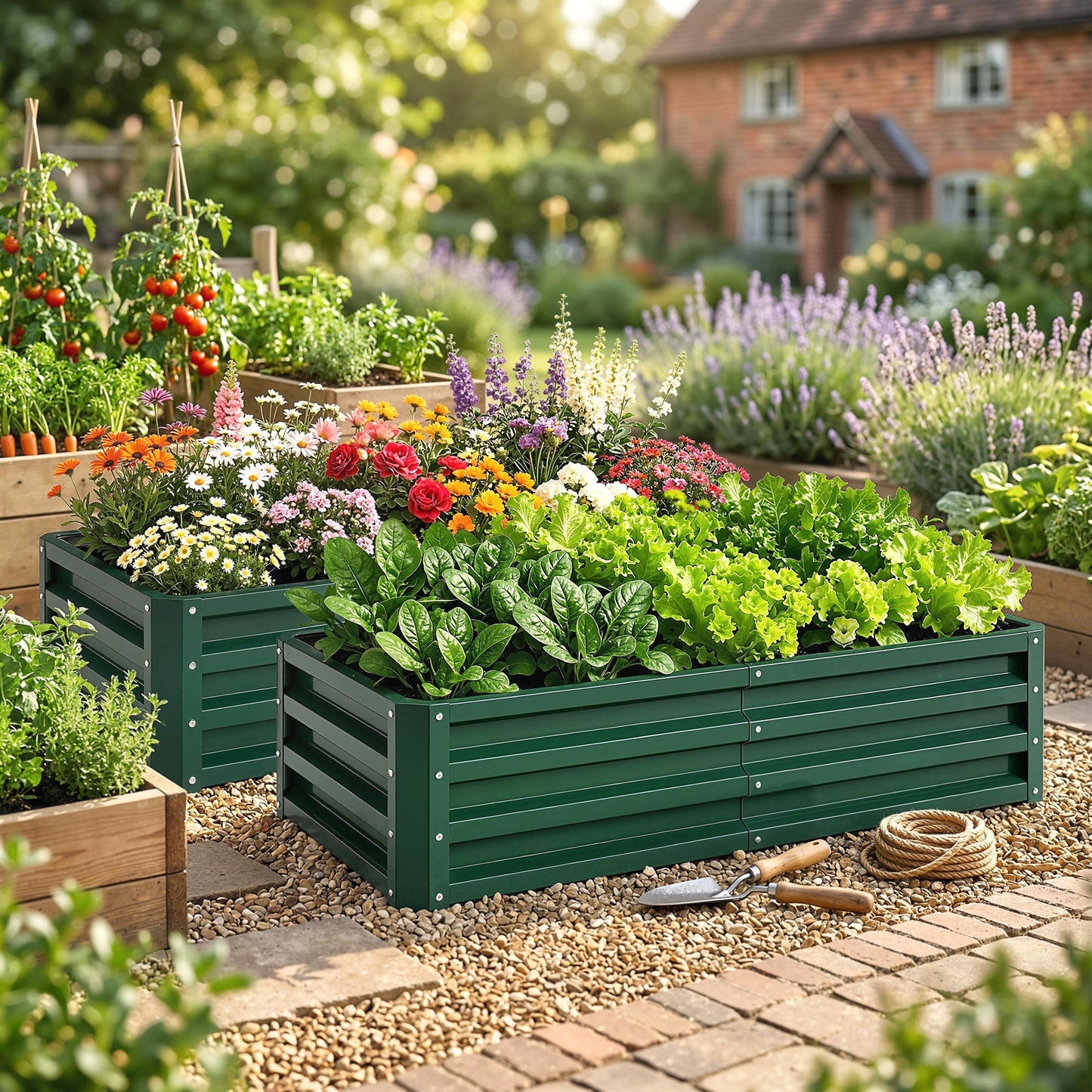 Outsunny Set of 2 Raised Beds for Garden, Galvanised Outdoor Planters for Herbs Vegetables, Use for Patio Balcony, Green