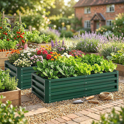 Outsunny Set of 2 Raised Beds for Garden, Galvanised Outdoor Planters for Herbs Vegetables, Use for Patio Balcony, Green