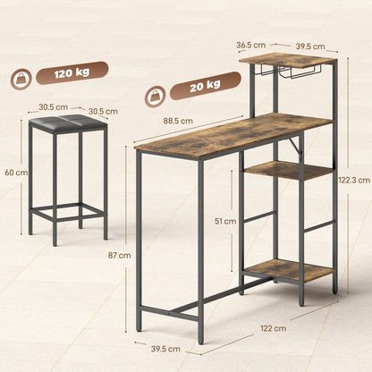 HOMCOM 3 Piece Breakfast Bar Table and Stools Set, Rustic Brown