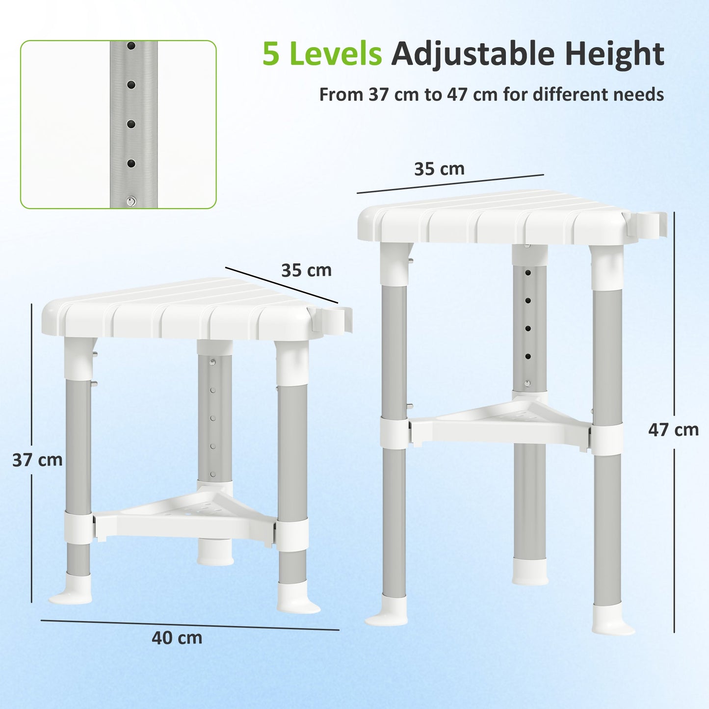 HOMCOM Shower Stool, Aluminium Alloy Corner Shower Chair with Storage Shelf and HDPE Seat, Adjustable Height, White