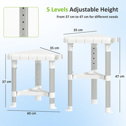 HOMCOM Shower Stool, Aluminium Alloy Corner Shower Chair with Storage Shelf and HDPE Seat, Adjustable Height, White