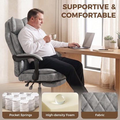HOMCOM Executive Office Chair, Leathaire Big and Tall Office Chair 180 kg with Wide Seat, Reclining, Lumbar Support, Grey