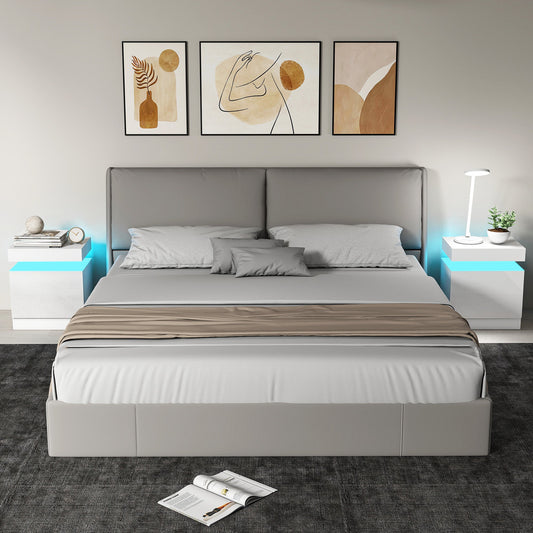 HOMCOM White Bedside Table with LED Light, High Gloss Front Nightstand with 2 Drawers, for Living Room, Bedroom, Set of 2