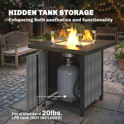 Outsunny Propane Gas Fire Pit Table for Garden, 11.7 KW Smokeless Firepit Outdoor Heater with Wind Guard, Glass Rocks, Lid, Black