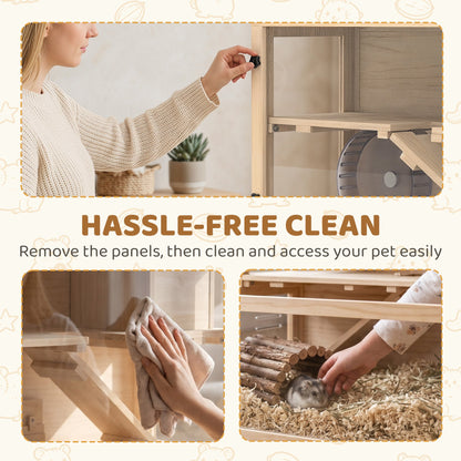 PawHut Wooden Hamster Cage with Hut, Wheel, Ramps, Removable Viewing Panels, 80 x 50 x 84 cm, Natural