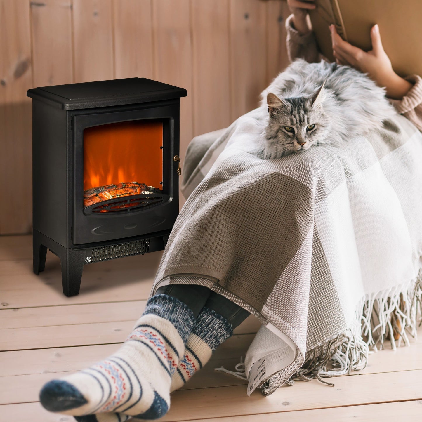 HOMCOM Electric Fireplace Stove, Free standing Fireplace Heater with Realistic LED Flame Effect and Adjustable Brightness, Overheat Safety Protection, 900W/1800W, Black