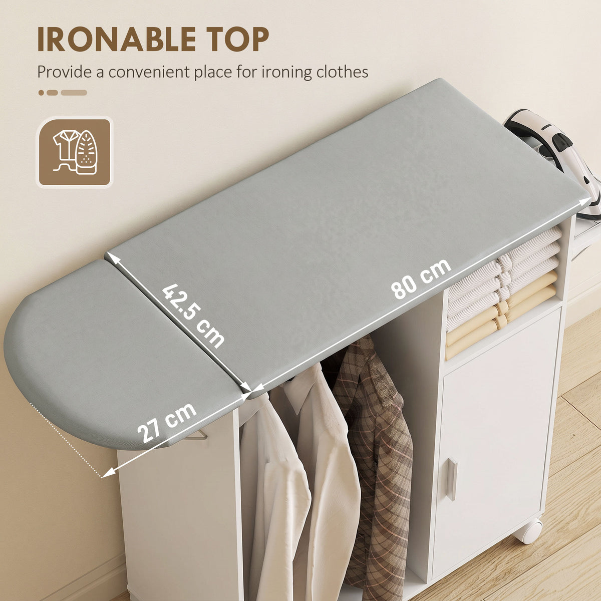 HOMCOM Rolling Ironing Board Cabinet, Foldable Ironing Station with Storage, Wheels for Home, Laundry Room, White