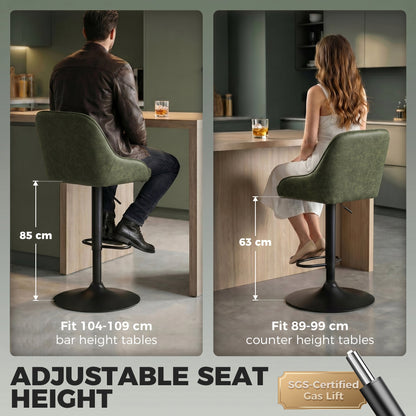 HOMCOM Bar Stools Adjustable Swivel Kitchen Chairs with Backrest Set of 2 for Kitchen Island Dark Green
