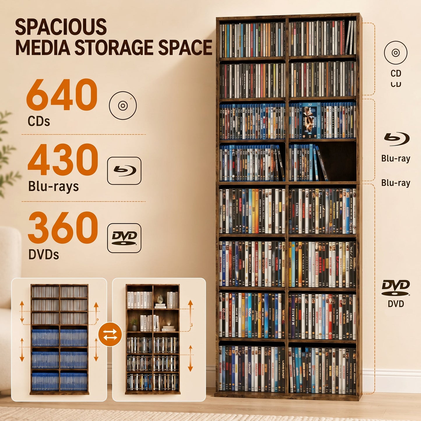 HOMCOM 640 CD Storage Tower - Rustic Brown