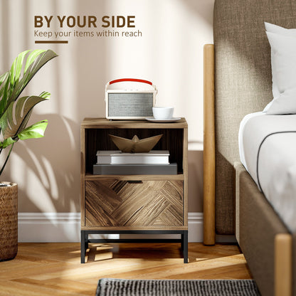 طاولة سرير جانبية من هومكوم مع درج ورف، طاولة جانبية مع أرجل فولاذية لغرفة المعيشة وغرفة النوم، تأثير خشبي بني