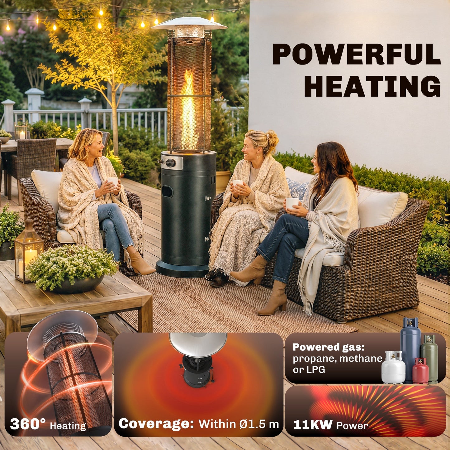 Outsunny 11 KW Freestanding Gas Patio Heater, Adjustable Outdoor Garden Propane Heater with Tip-Over Switch, Wheels, Pulse Ignition, Tank Room with Openable Door, Black