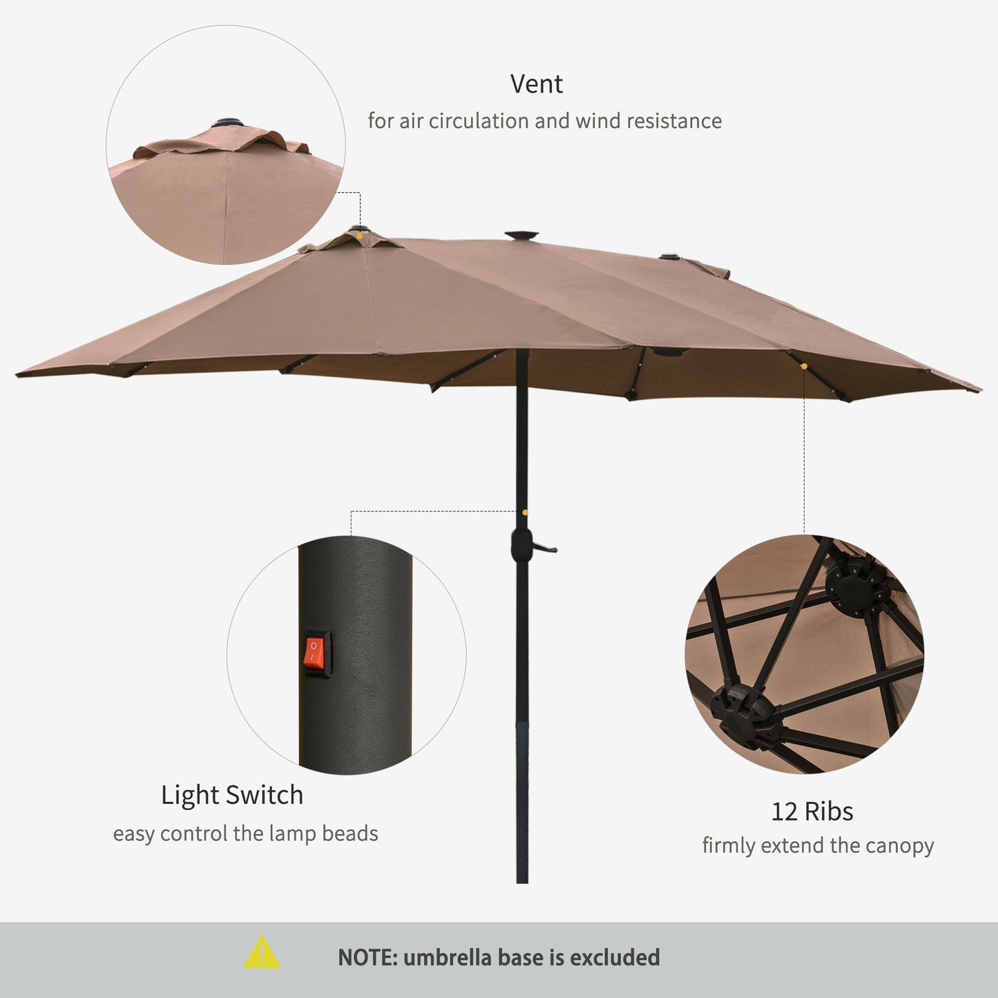 Outsunny Garden Parasol 4.4m Double-Sided Sun Umbrella Patio Parasol LED Solar Lights Khaki