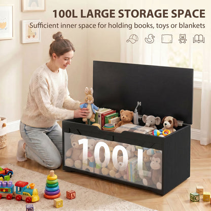 HOMCOM 100L Home Storage Box, with Safety Hinge - Black Wood-Effect