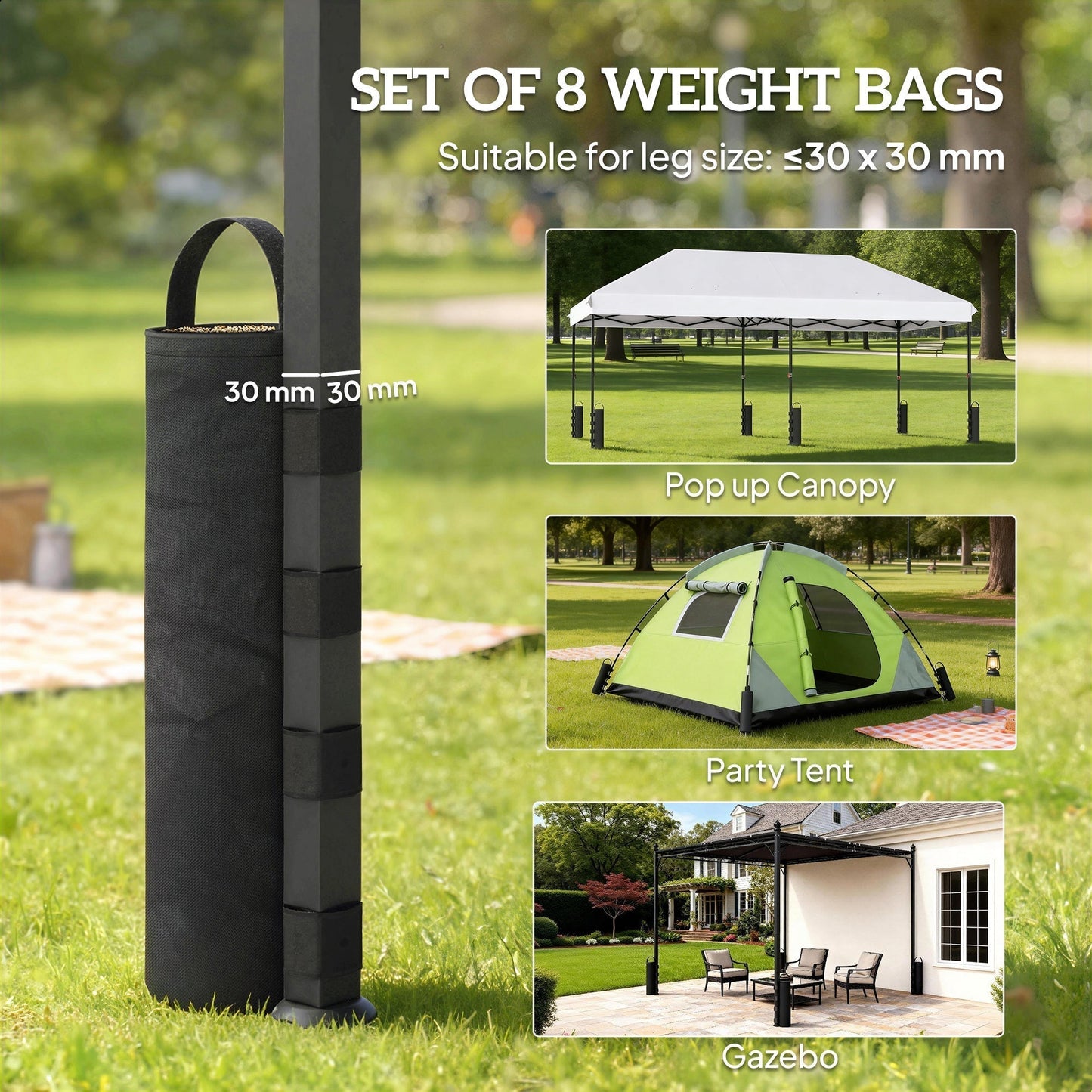 Outsunny 8 Pack Gazebo Sand Weights Bags, 40 kg 600D Heavy Duty Sand Bags Sandbags for Canopy Tent Legs, Without Sand, Black