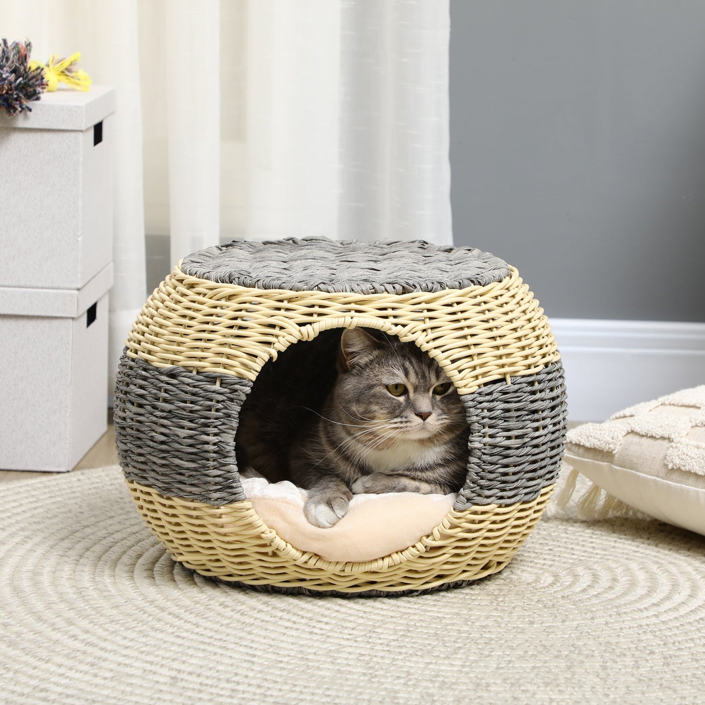 PawHut Wicker Cat House, Rattan Raised Cat Bed, Cosy Kitten Cave with Soft Washable Cushion, a40 x 30cm