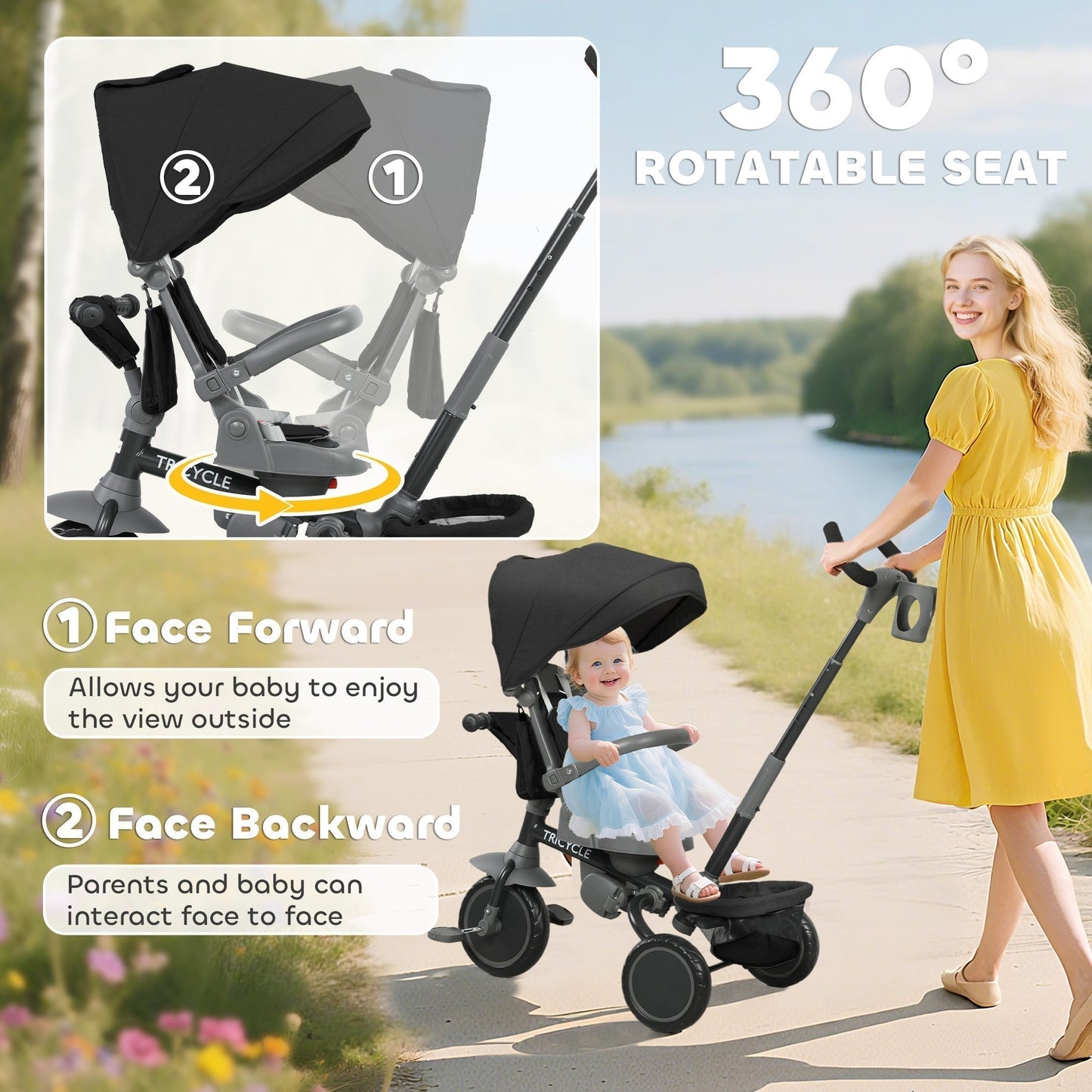 AIYAPLAY 6 in 1 Foldable Kids Trike with Adjustable Parent Handle & Canopy for Ages 1-5, Black