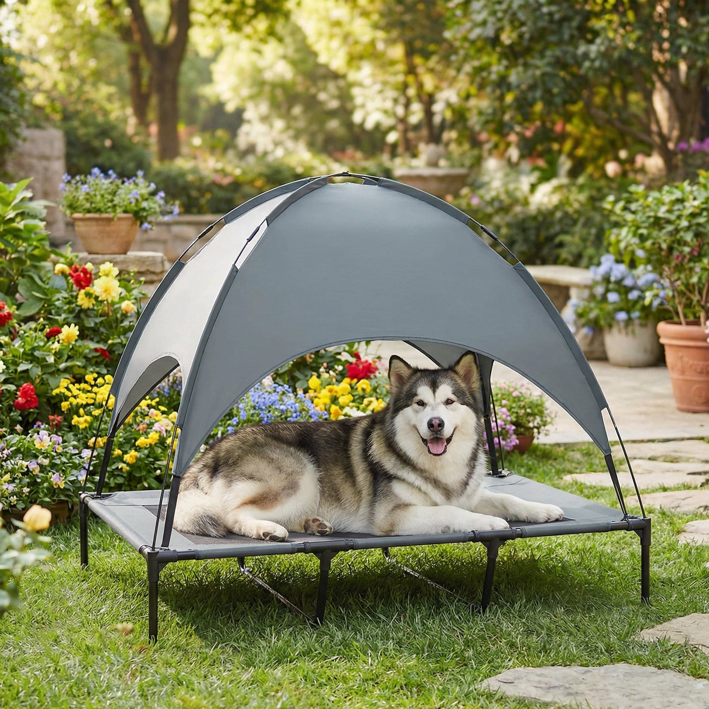 PawHut Outdoor Dog Bed with Removable Canopy, Portable Raised Dog Bed for Camping, Garden & Beach, Water-Resistant UV-Protection Mesh Pet Cot Sun Lounger, for XL Pets, 122 x 92 x 108 cm, Grey