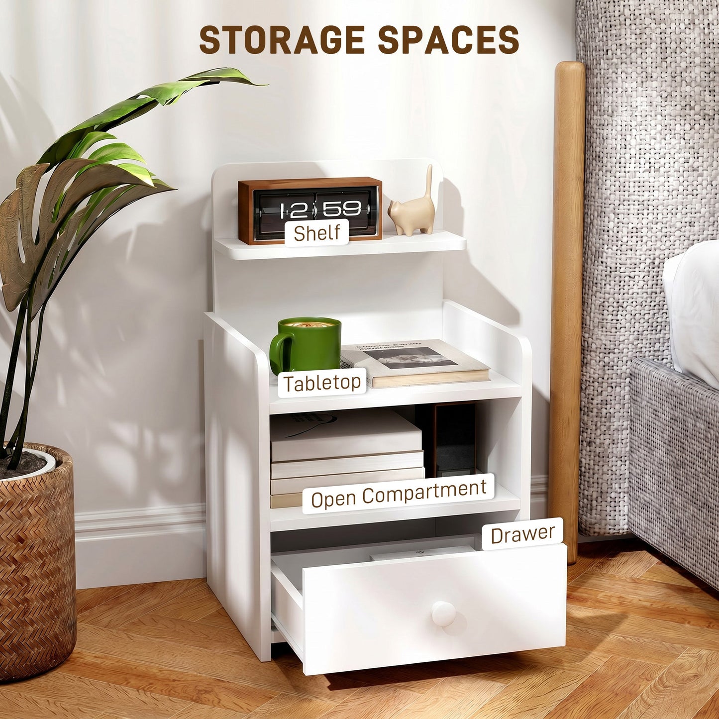 HOMCOM Bedside Cabinet, Bedside Table with Drawer and Shelf for Living Room, White