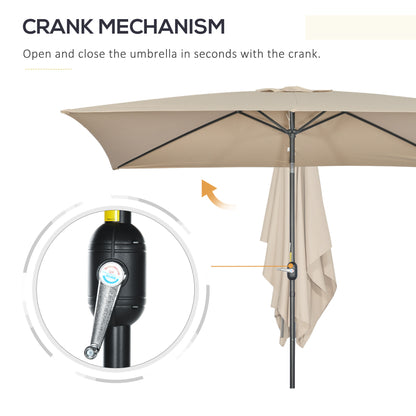 Outsunny 3x2m Patio Parasol Garden Umbrellas Canopy with Aluminium Tilt Crank Rectangular Sun Shade Steel, Khaki