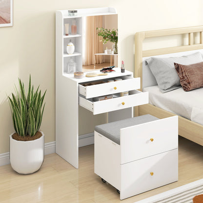 HOMCOM Dressing Table with Mirror and Mobile Storage Stool, Compact Vanity Table with Cabinet, Drawers, Open Shelves, White