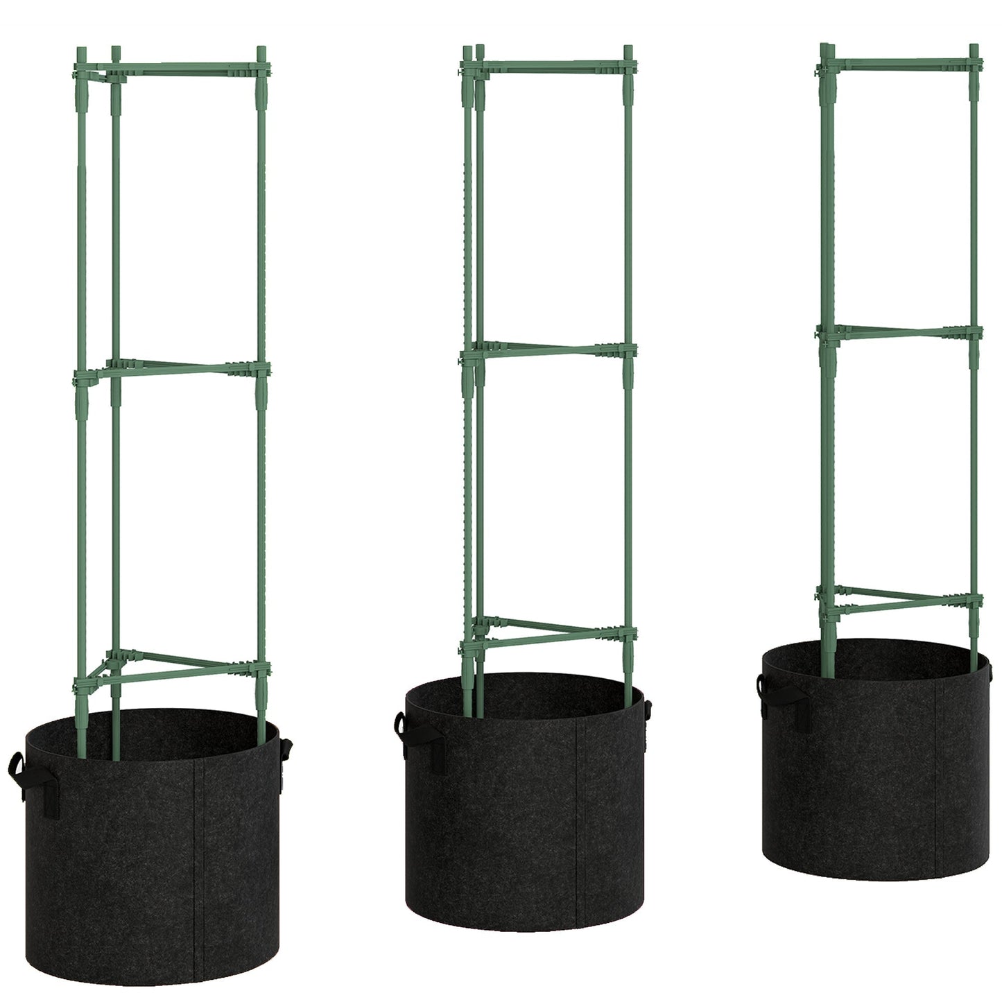 Outsunny 3 Packs Tomato Cages with 83.7L Grow Bags, 120cm Adjutstable Triangle Plant Stakes Support Trellis with Planter Bags