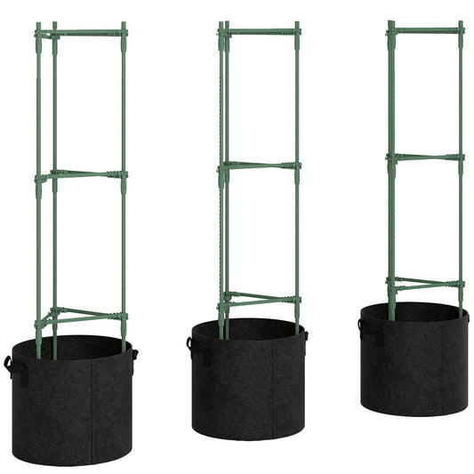 Outsunny 3 Packs Tomato Cages with 83.7L Grow Bags, 120cm Adjutstable Triangle Plant Stakes Support Trellis with Planter Bags